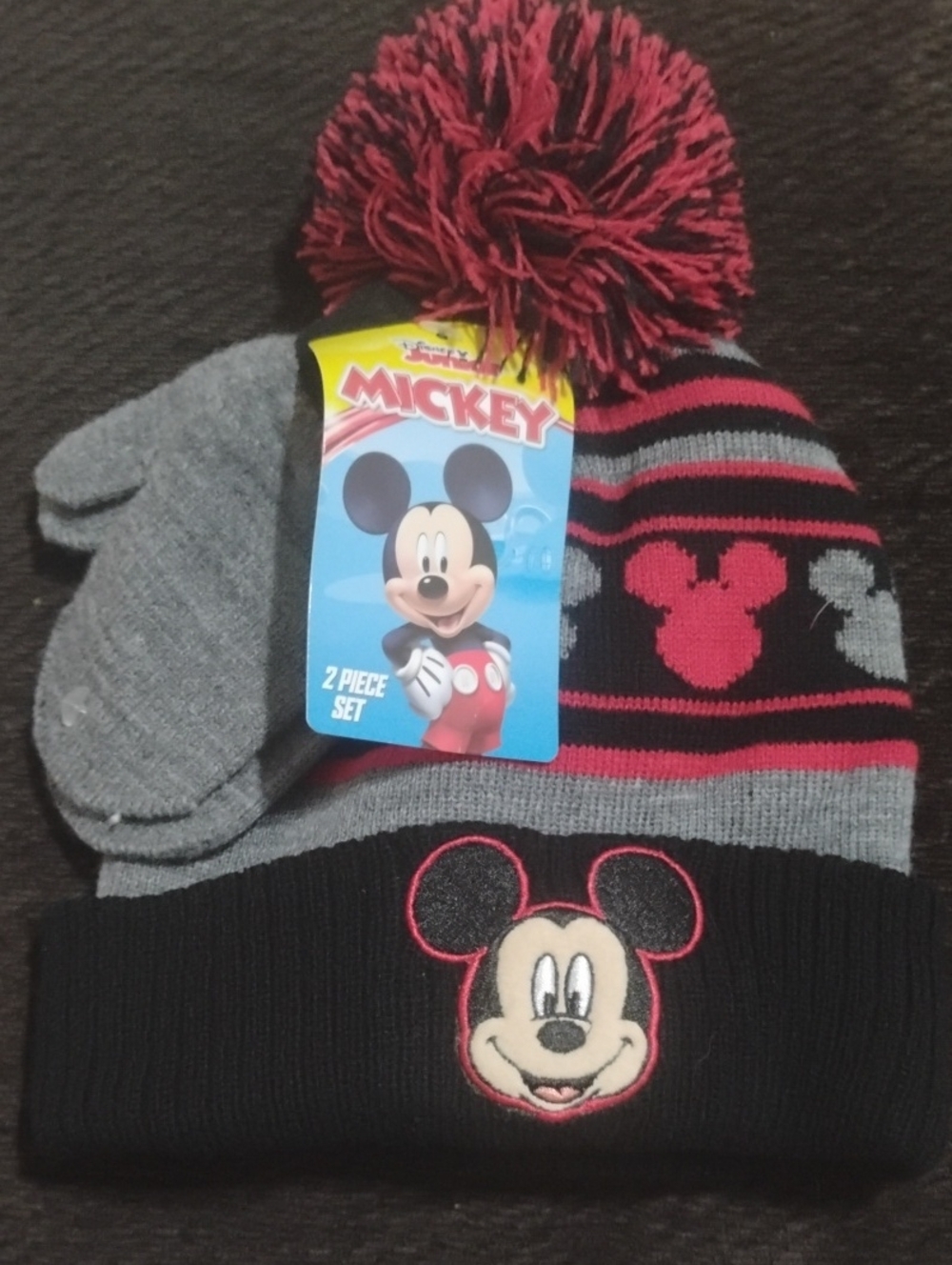 Disney Kids Mickey Pom Beanie & Mittens Set - Black, Gray & Red